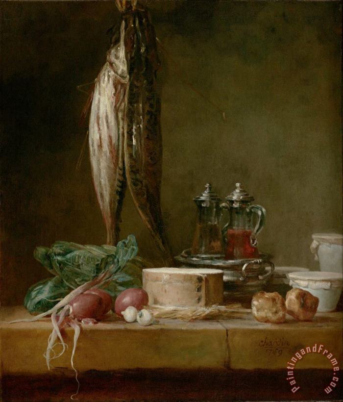 Jean-Simeon Chardin Still Life with Fish, Vegetables, Gougeres, Pots, And Cruets on a Table Art Painting