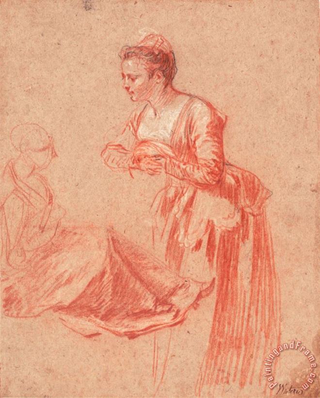 Two Figure Studies of a Young Woman, 1715 1717 painting - Jean Antoine Watteau Two Figure Studies of a Young Woman, 1715 1717 Art Print