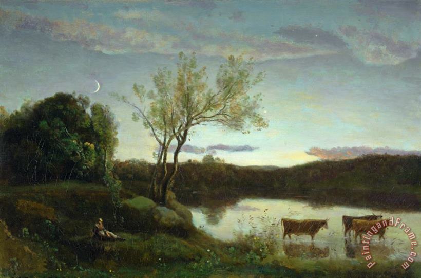 Jean Baptiste Camille Corot A Pond with three Cows and a Crescent Moon Art Print