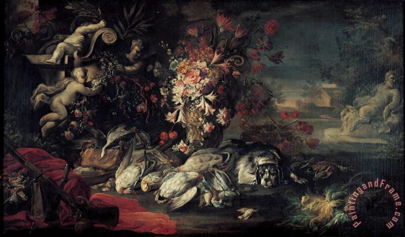 Jean Baptiste Oudry Death Nature with Shooting Gear And Flowers II Art Print