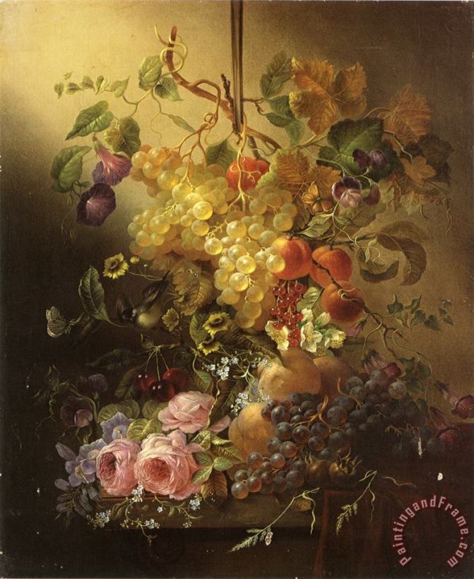 Jean Baptiste Robie Flowers, Fruit, a Bird, And Butterflies on a Table Art Painting