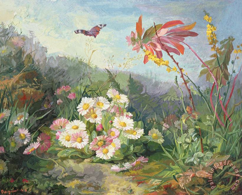 Jean Marie Reignier Wild Flowers And Butterfly Art Painting