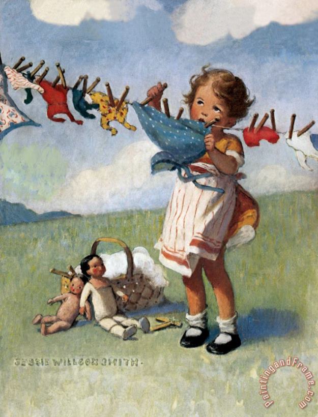 Jessie Willcox Smith Hanging Doll Clothes on a Windy Day Art Painting