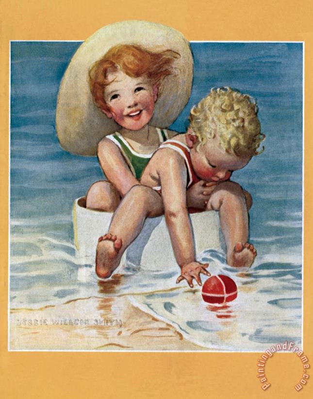 Two Children Playing in The Ocean painting - Jessie Willcox Smith Two Children Playing in The Ocean Art Print