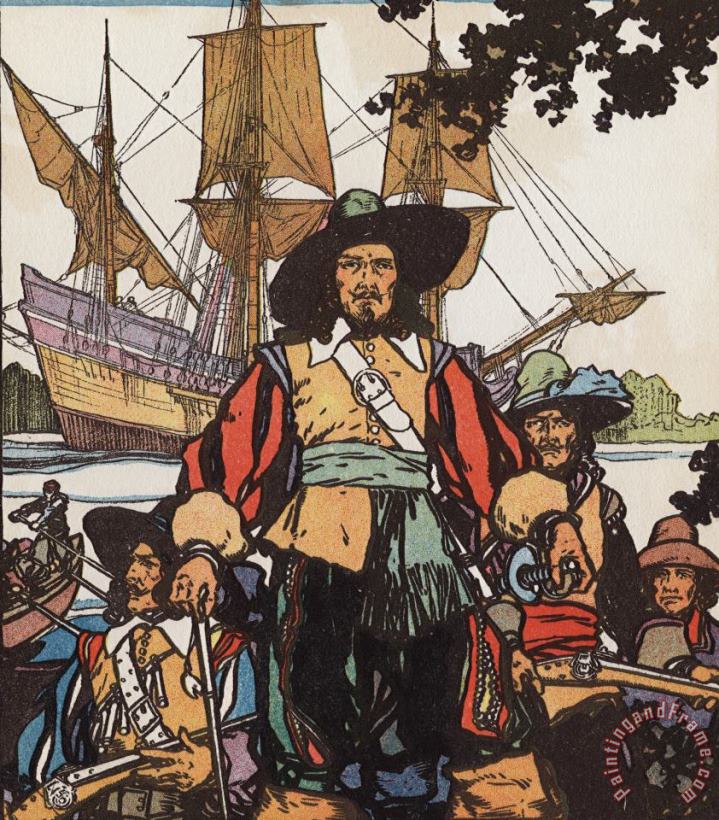 J.L. Kraemer French Explorer Robert De Lasalle with Ships Near Mississippi River Art Print