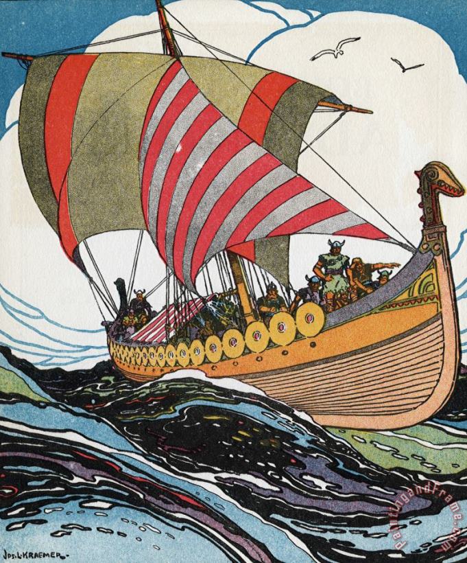 J.L. Kraemer Norse Explorer Leif Erickson's Ship Sailing Through Stormy Waters Art Painting