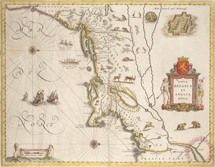 Antique Map of New Belgium and New England painting - Joan Blaeu Antique Map of New Belgium and New England Art Print