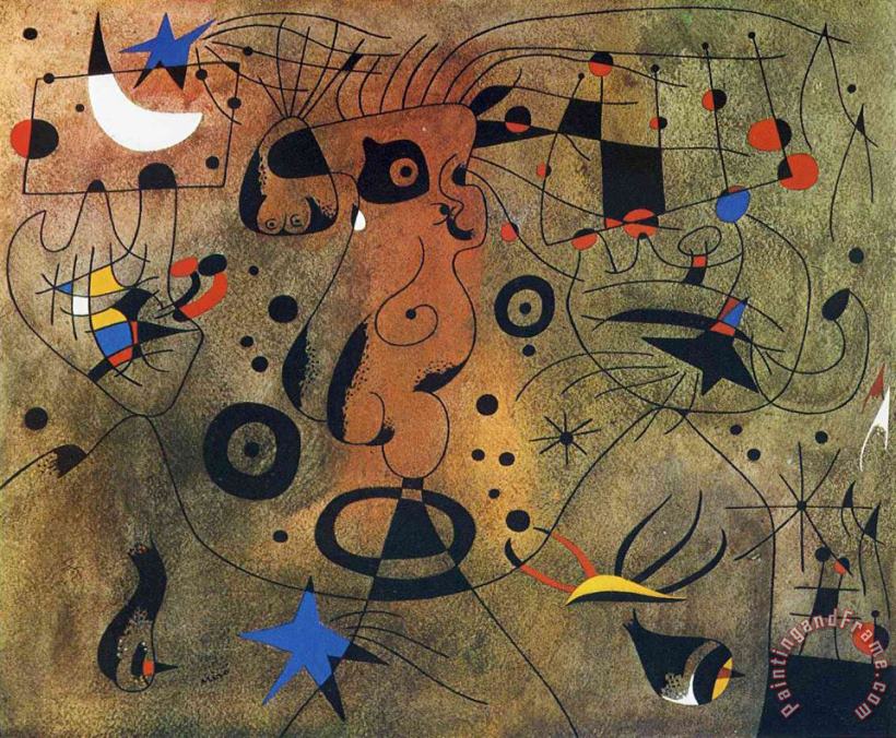 Joan Miro Woman with Blond Armpit Combing Her Hair by The Light of The Stars Art Painting