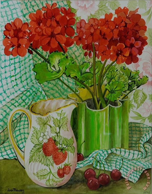 Joan Thewsey Red Geranium With The Strawberry Jug And Cherries Art Painting