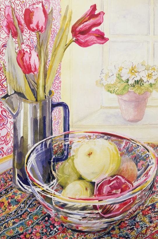 Joan Thewsey Tulips With Fruit In A Glass Bowl Art Print