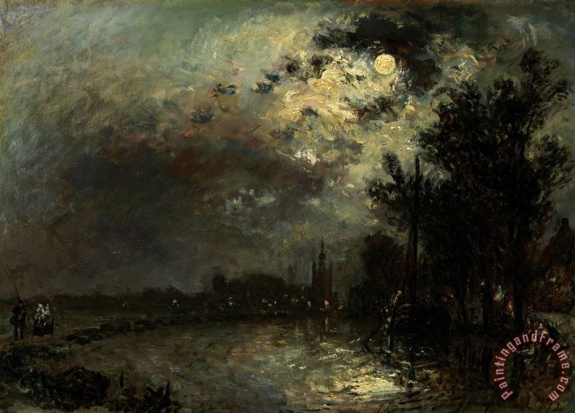 View on Overschie in Moonlight painting - Johan Barthold Jongkind View on Overschie in Moonlight Art Print
