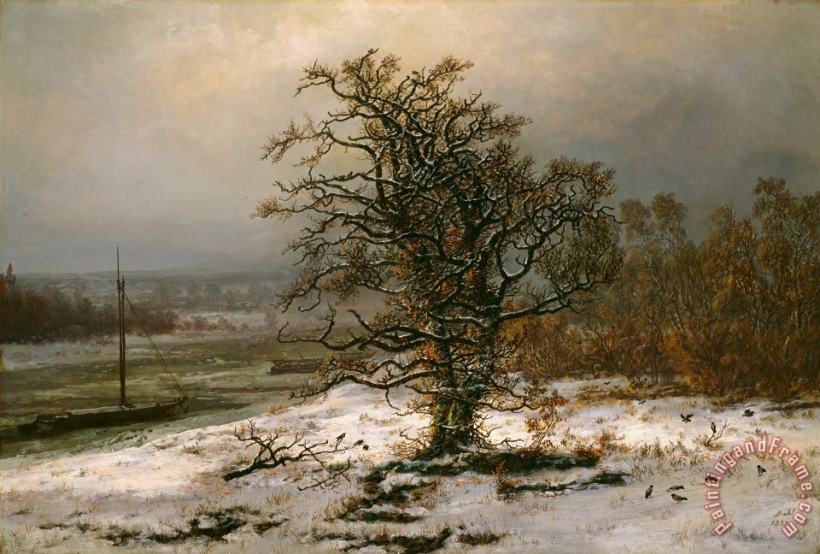 Oak Tree by The Elbe in Winter painting - Johan Christian Dahl Oak Tree by The Elbe in Winter Art Print