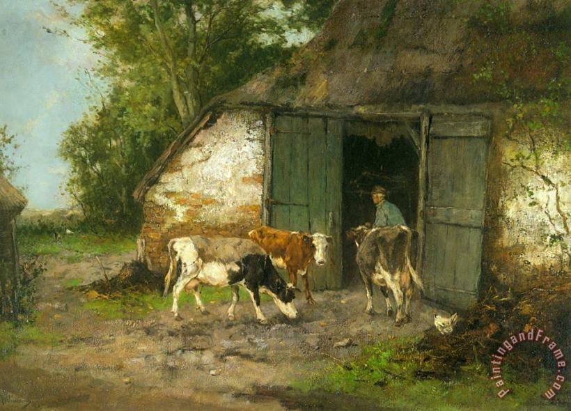 Johan Frederik Cornelis Scherrewitz Farmer And Cattle by a Stable Art Painting