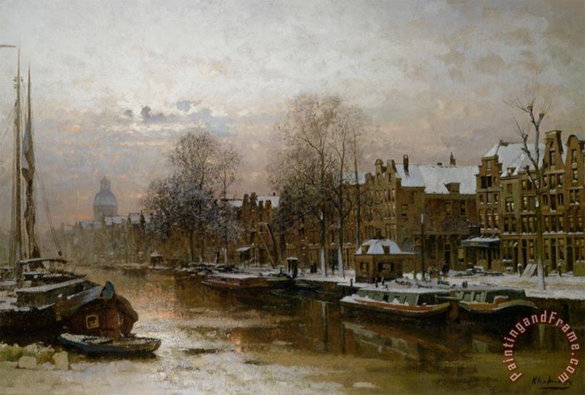 Johannes Christiaan Karel Klinkenberg Snow Covered Barges on The Singel Amsterdam Art Print