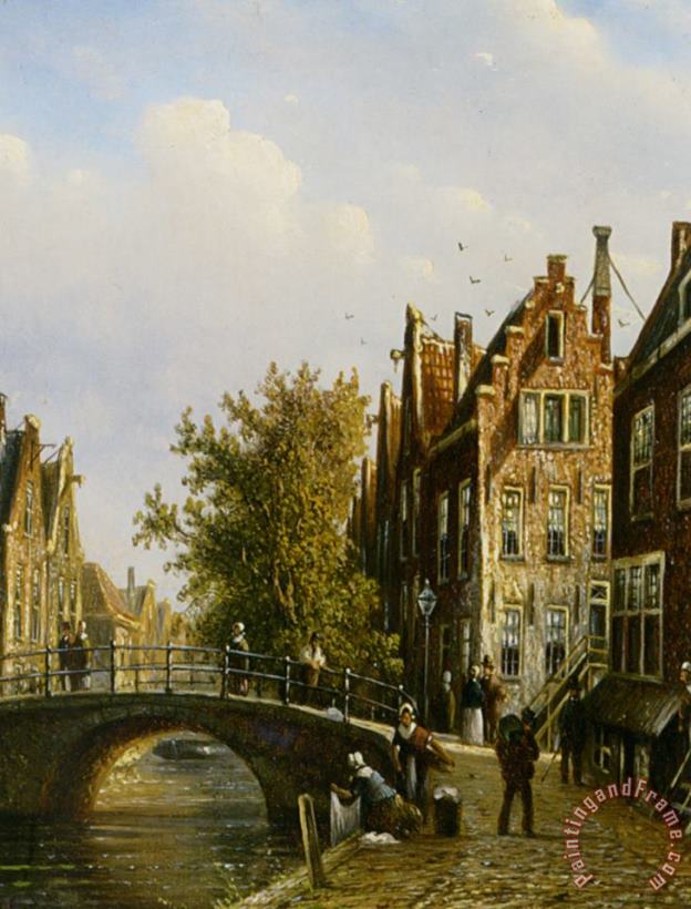 Johannes Franciscus Spohler A Dutch Town with Figures on a Canal Art Painting