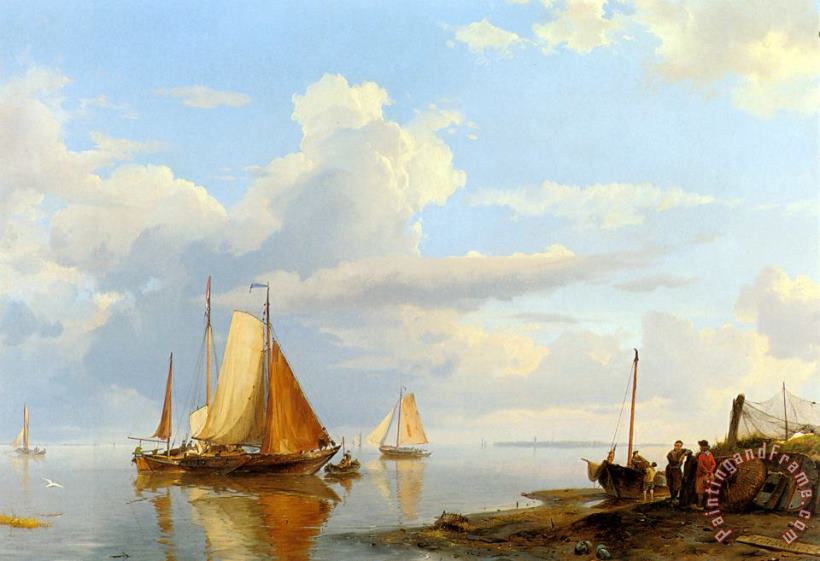 Johannes Hermanus Koekkoek Figures Coming Ashore in a Calm Art Painting
