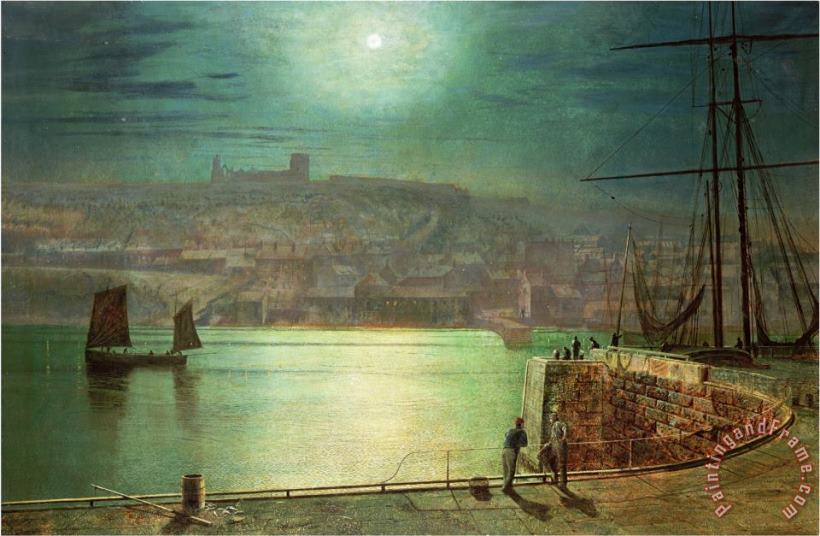 Whitby Harbour by Moonlight 1870 painting - John Atkinson Grimshaw Whitby Harbour by Moonlight 1870 Art Print