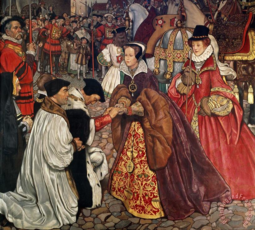 Queen Mary and Princess Elizabeth entering London painting - John Byam Liston Shaw Queen Mary and Princess Elizabeth entering London Art Print