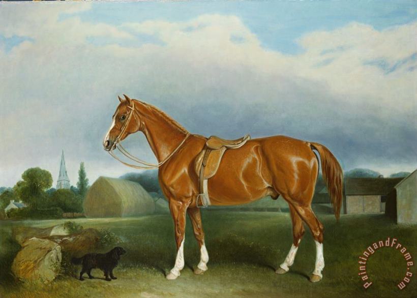 John E Ferneley A Chestnut Hunter and a Spaniel by Farm Buildings Art Painting