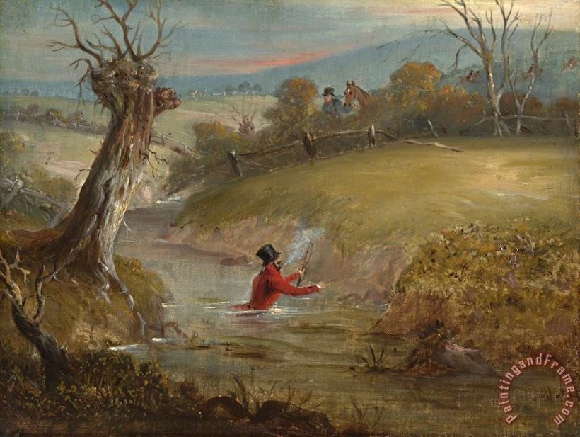 Count Sandor's Hunting Exploits in Leicestershire: No. 4: The Count in a Brook Up to His Waist in Water And Mud painting - John Ferneley Count Sandor's Hunting Exploits in Leicestershire: No. 4: The Count in a Brook Up to His Waist in Water And Mud Art Print