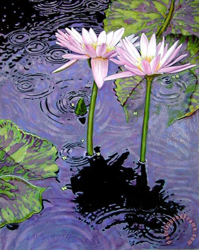 John Lautermilch Two Pink Lilies in the Rain Art Painting