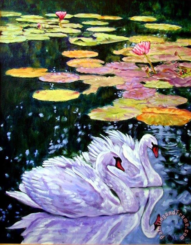 John Lautermilch Two Swans in the Lilies Art Painting
