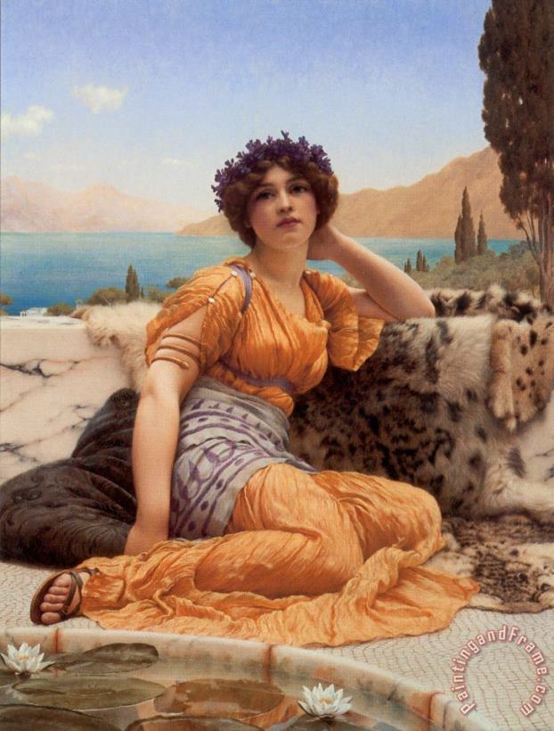 'with Violets Wreathed And Robe of Saffron Hue' painting - John William Godward 'with Violets Wreathed And Robe of Saffron Hue' Art Print