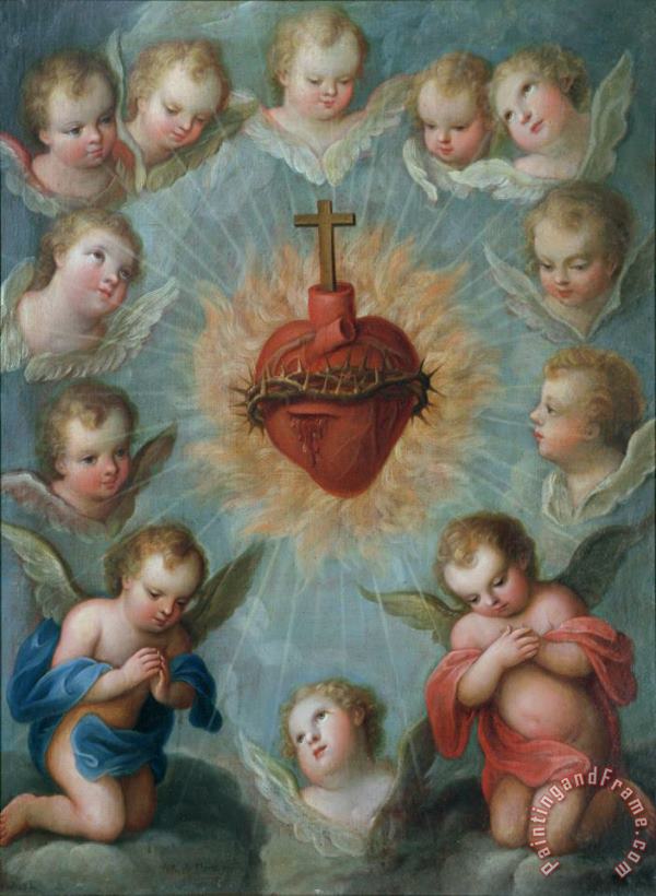 Sacred Heart of Jesus surrounded by angels painting - Jose de Paez Sacred Heart of Jesus surrounded by angels Art Print