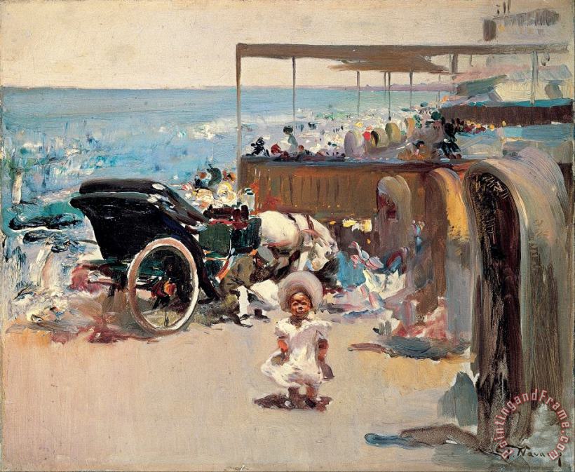 Jose Navarro Llorens Horse Drawn Carriage And Child on The Beach Art Painting