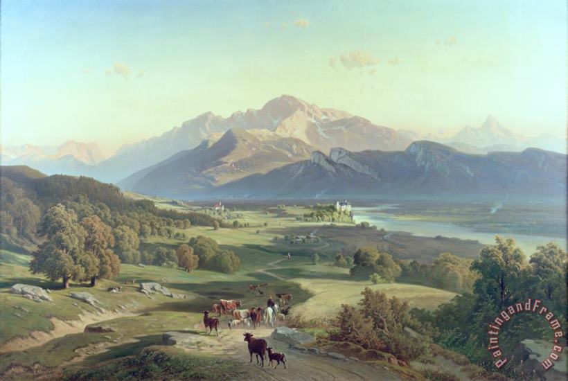 Drover on Horseback with his Cattle in a Mountainous Landscape with Schloss Anif Salzburg and beyond painting - Josef Mayburger Drover on Horseback with his Cattle in a Mountainous Landscape with Schloss Anif Salzburg and beyond Art Print