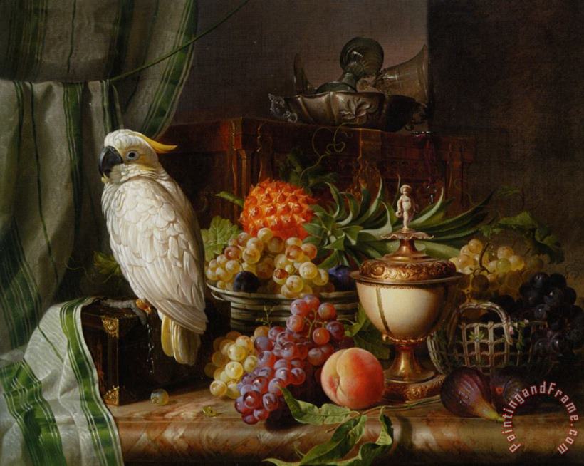 Josef Schuster A Cockatoo Grapes Figs Plums a Pineapple And a Peach Art Print