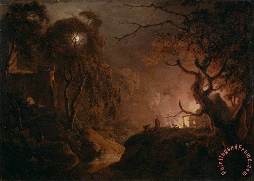 Joseph Wright  Cottage on Fire at Night Art Print