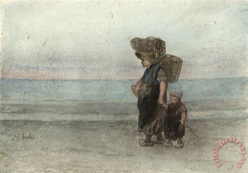 Vrouw Met Kind, Lopend Over Het Strand painting - Jozef Israels Vrouw Met Kind, Lopend Over Het Strand Art Print