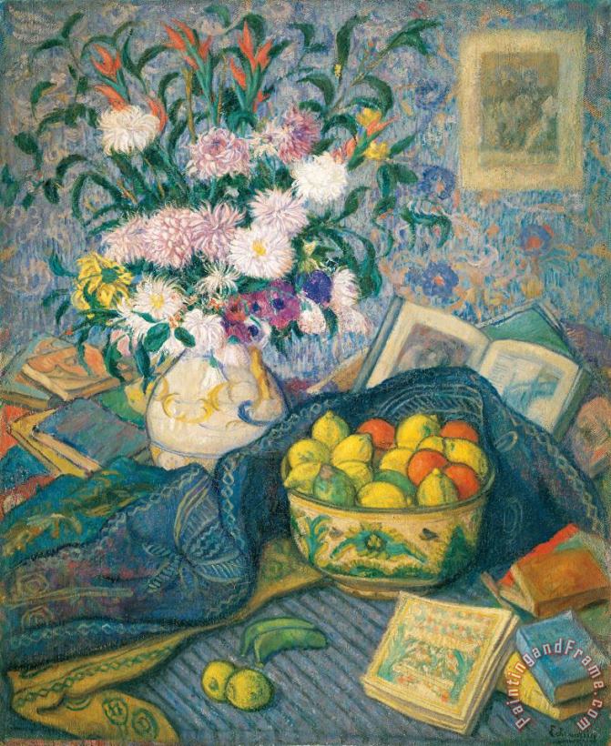 Juan de Echevarria Vase with Bananas, Lemons And Books Art Painting