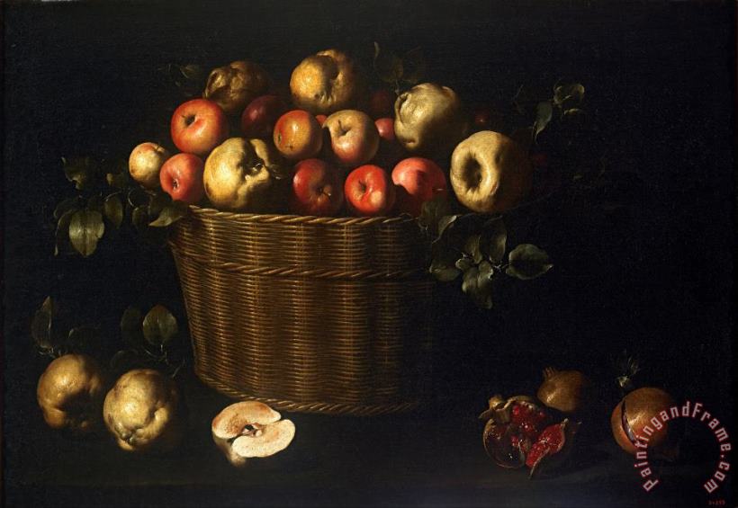 Basket with Apples, Quinces And Pomegranates painting - Juan de Zurbaran Basket with Apples, Quinces And Pomegranates Art Print