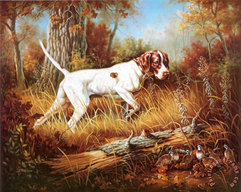 Pointer with Quail painting - Judy Gibson Pointer with Quail Art Print