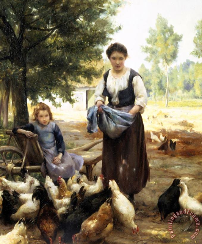 Julien Dupre Feeding The Chickens Art Painting