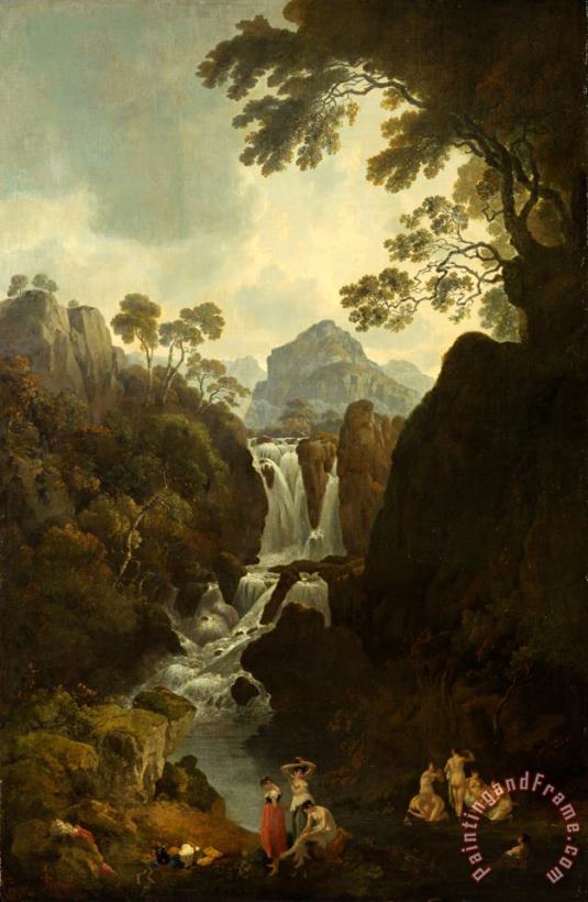 Julius Caesar Ibbetson A Waterfall with Bathers Art Painting