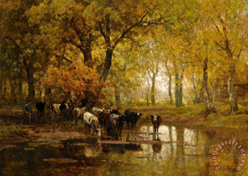 Watering Cows in a Pond painting - Julius Jacobus Van De Sande Bakhuyzen Watering Cows in a Pond Art Print