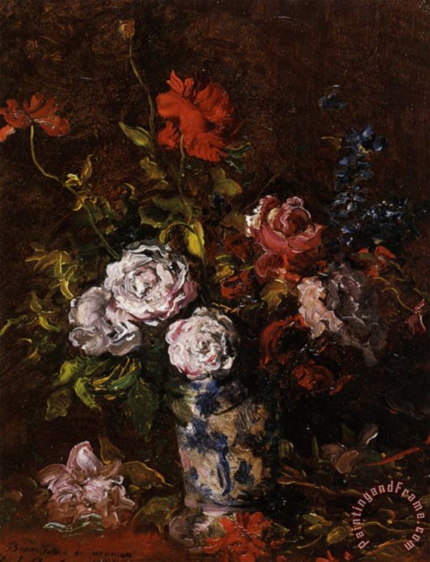 Karl Pierre Daubigny Floral Still Life in a Blue And White Porcelain Vase Art Painting