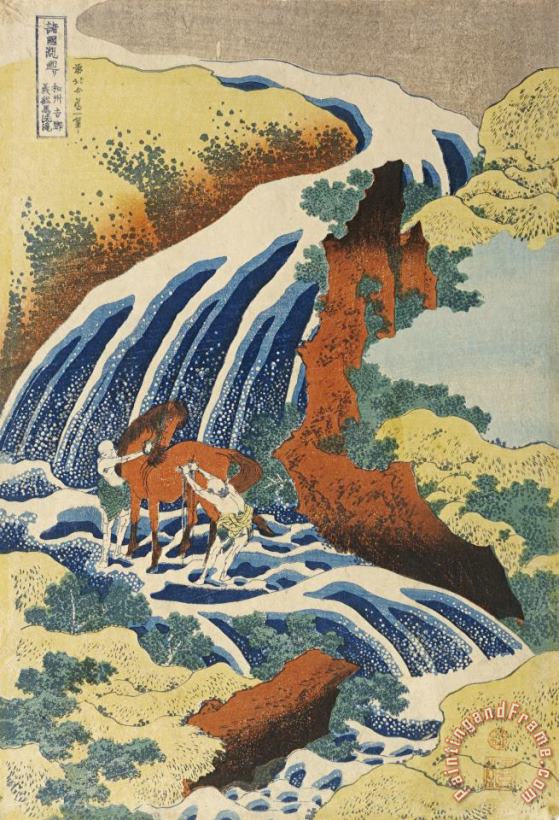 Katsushika Hokusai Two Men Washing a Horse in a Waterfall Art Painting