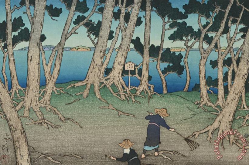 Kawase Hasui Raking Pine Needles at Katsura Jima, Matsushima (matsushima Katsura Jima), From The Series Souvenirs of Travels, First Series (tabi Miyage, Dai Isshu) Art Painting