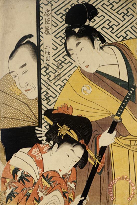 Kitagawa Utamaro Act II of Chushingura, The Young Samurai Rikiya, with Konami, Honzo Partly Hidden Behind The Door Art Painting