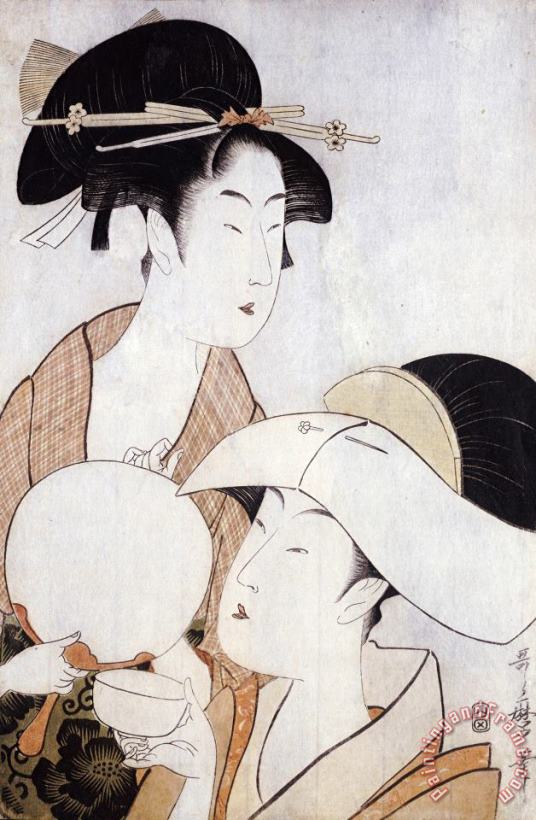 Kitagawa Utamaro Bust Portrait of Two Women, One Holding a Fan, The Other with a Head Cover Holding a Tea Cup Art Print