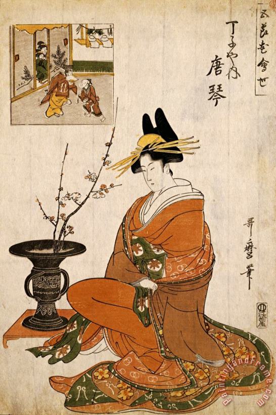 Kitagawa Utamaro The Courtesan Karakoto of The Chojiya Seated by an Arrangement of Plum Flowers Art Print