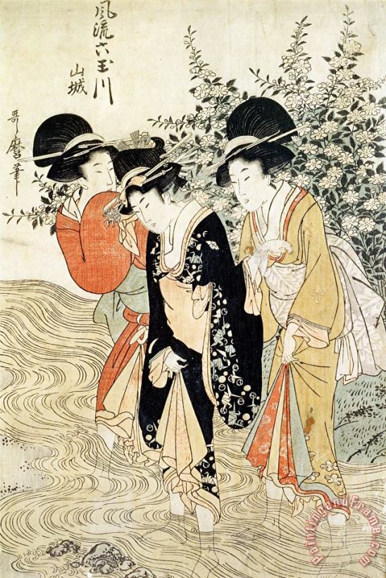 Three girls paddling in a river painting - Kitagawa Utamaro Three girls paddling in a river Art Print