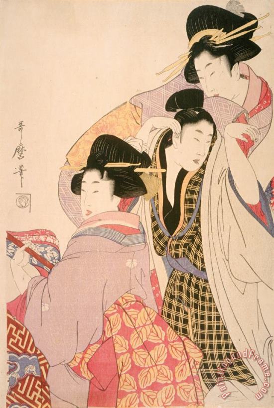 Kitagawa Utamaro Two Geishas And a Tipsy Client Art Painting