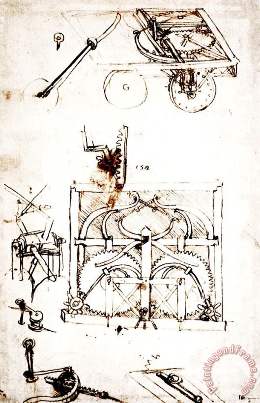 Drawing For An Automobile Mechanisms painting - Leonardo da Vinci Drawing For An Automobile Mechanisms Art Print