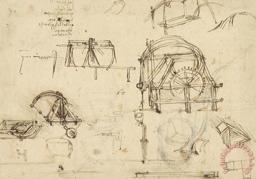 Drawings Of Geometric Figures List Of Botanical Terms Sketches Of Construction Of Onager painting - Leonardo da Vinci Drawings Of Geometric Figures List Of Botanical Terms Sketches Of Construction Of Onager Art Print