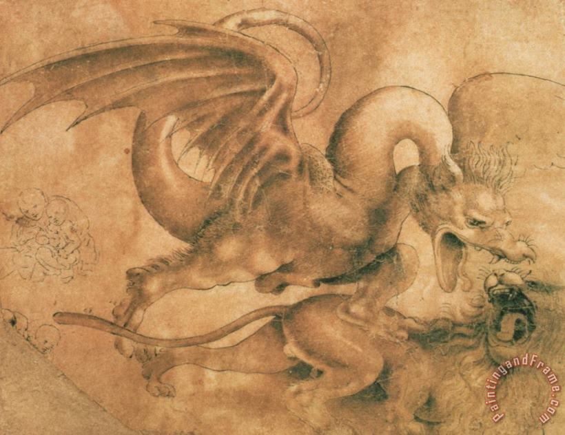 Leonardo da Vinci Fight Between A Dragon And A Lion Art Painting